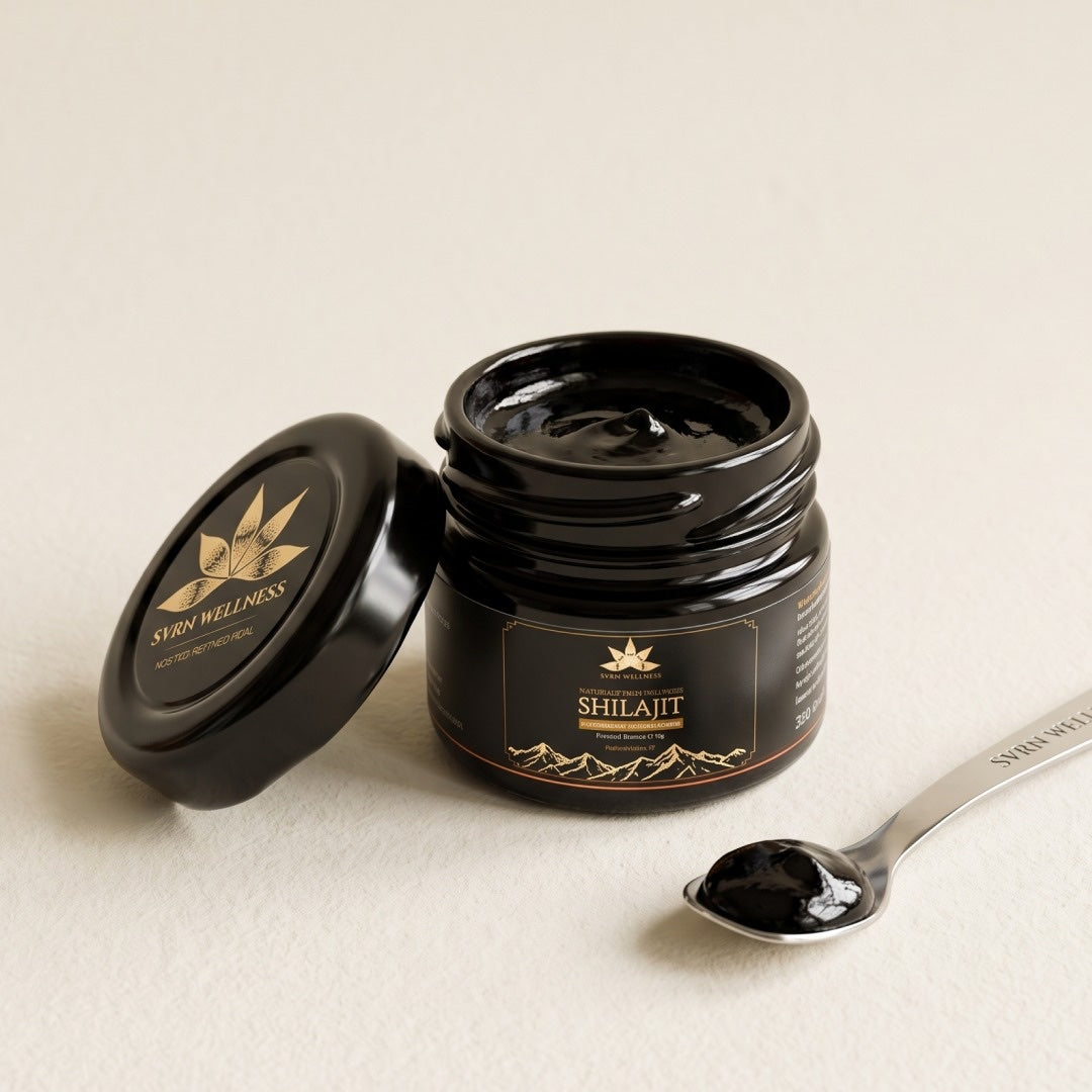 Open SVRN shilajit jar with resin and serving spoon