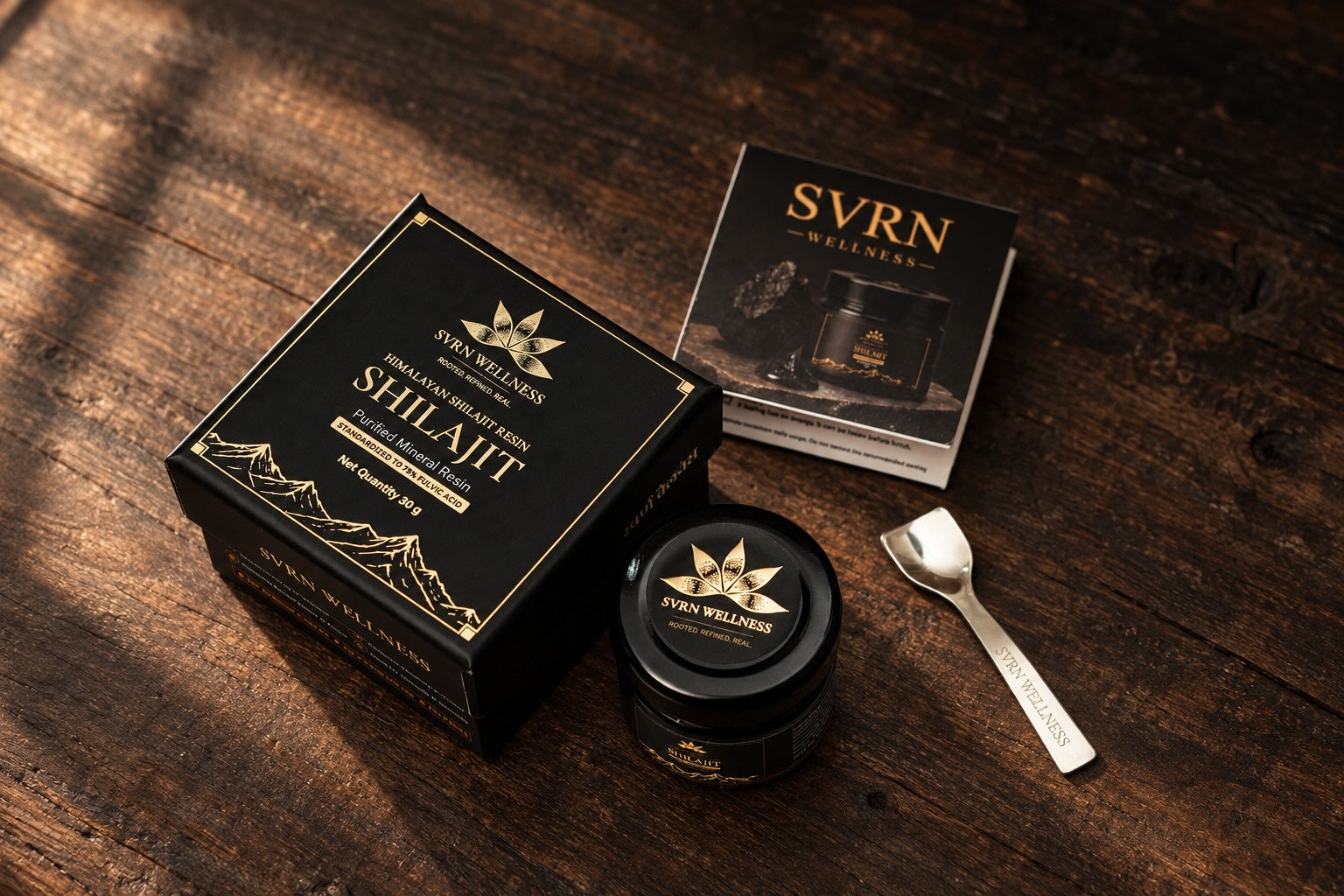 SVRN presentation box, shilajit resin jar, serving spoon and ritual guide