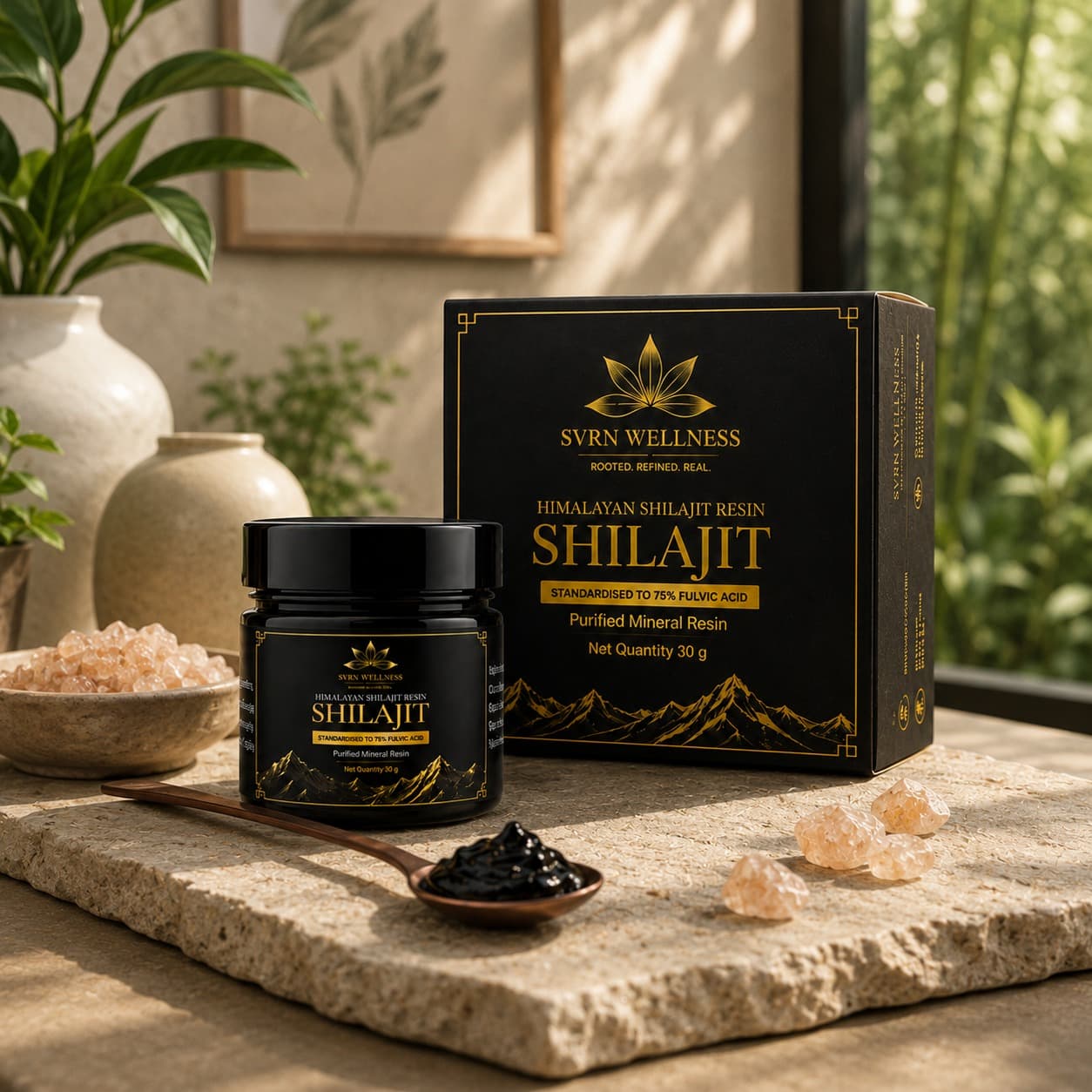 SVRN Wellness Himalayan Shilajit resin jar and 30 g box
