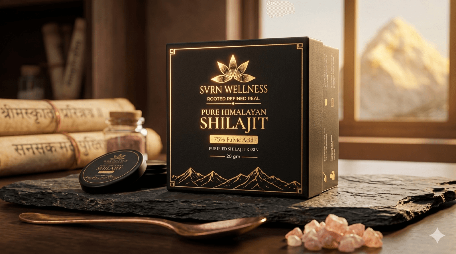SVRN Wellness Pure Himalayan Shilajit box and resin tin