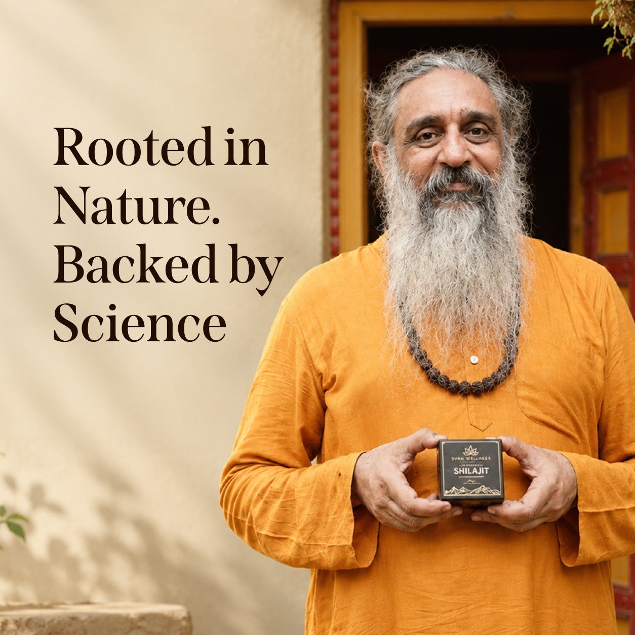 SVRN Himalayan shilajit held in a warm editorial portrait